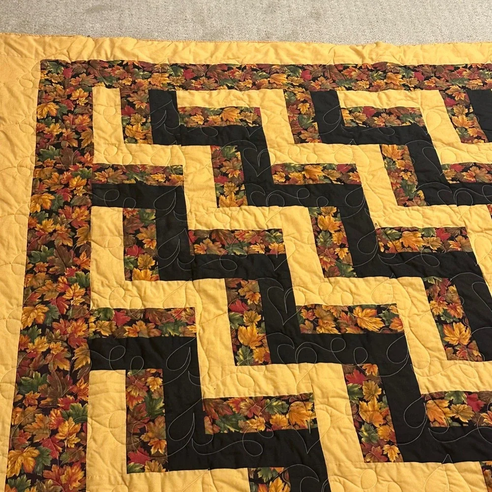 Handmade Autumn Leaf Patchwork Quilt Zig Zag Geometric Gold Black